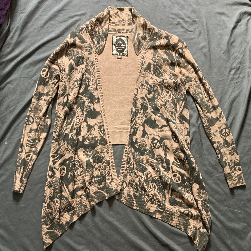 Guess Jeans Y2K Graphic Cardigan High Low Brown Black Size XS All Over Print 90s